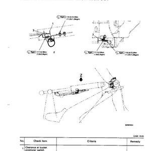 May include: Technical diagram titled "BUCKET POSITIONER AND BOOM KICK-OUT" with detailed illustrations and measurements in millimeters. Includes a table with check items, criteria, and remedy information. The diagram also shows torque specifications.