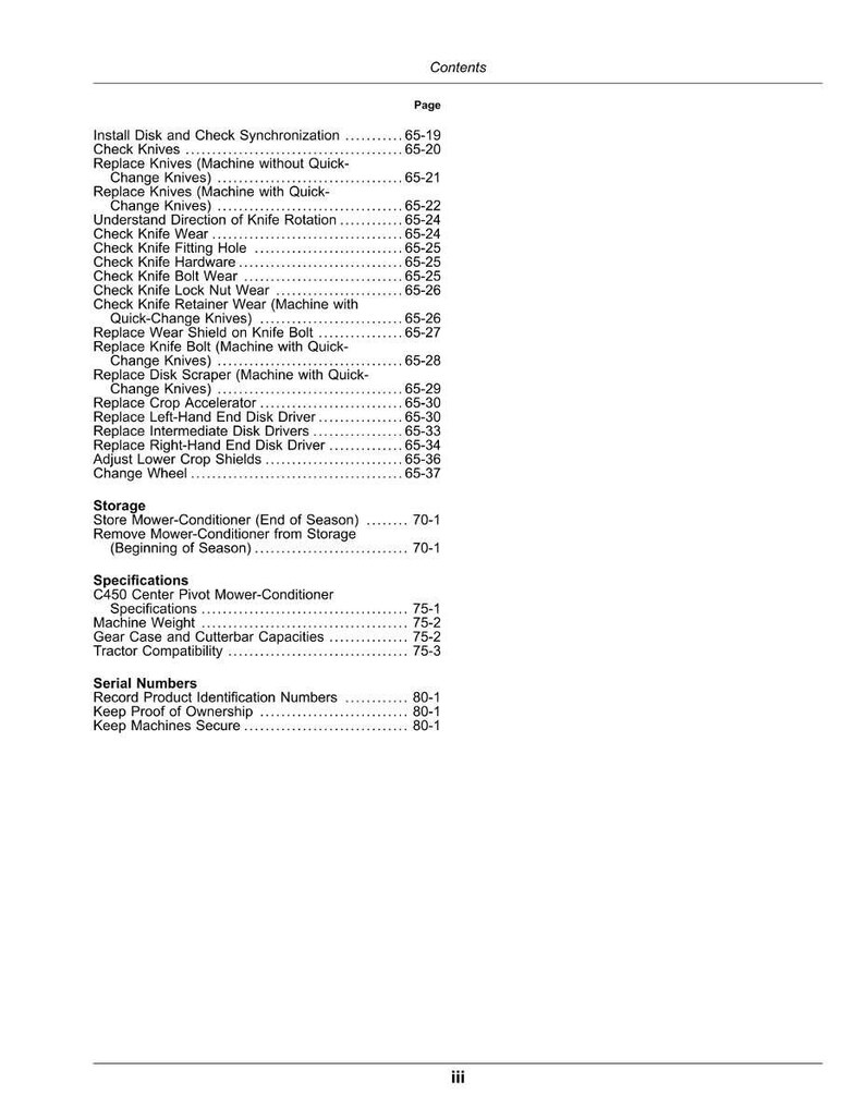 May include: A page from a manual titled "Contents" with a list of topics and page numbers. Topics include "Check Knives", "Replace Knives", and "Storage". The page is white with black text.