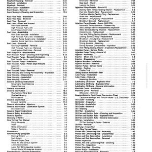 May include: A detailed index page from a manual, listing various automotive repair procedures. The page includes sections on fuel lines, injection pumps, and engine components, with corresponding page numbers.