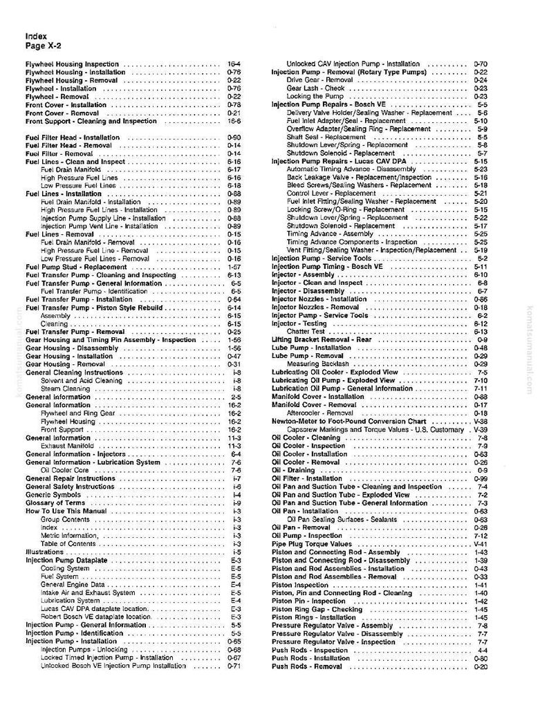 May include: A detailed index page from a manual, listing various automotive repair procedures. The page includes sections on fuel lines, injection pumps, and engine components, with corresponding page numbers.