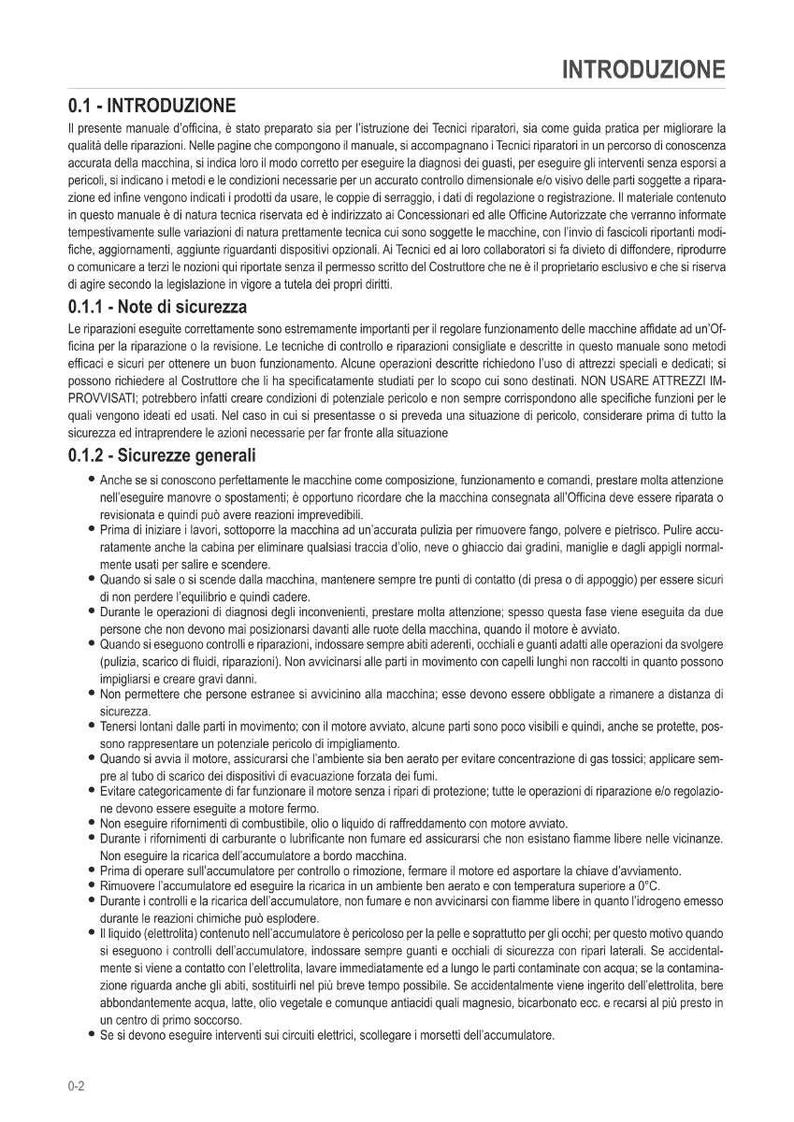 K&ouml;nnte beinhalten: Eine Seite aus einem italienischen Handbuch mit dem Titel "INTRODUZIONE" (Einf&uuml;hrung), das Sicherheitsrichtlinien f&uuml;r die Maschinenreparatur enth&auml;lt. Der Text betont Vorsichtsma&szlig;nahmen, Schutzkleidung und die Bedeutung der Befolgung von Anweisungen.