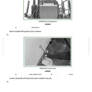 May include: Diagram of a radiator and related components, including a lifting device and lower hose. The image includes labels and instructions for maintenance, with text such as "Attach suitable lifting device (A) to radiator."