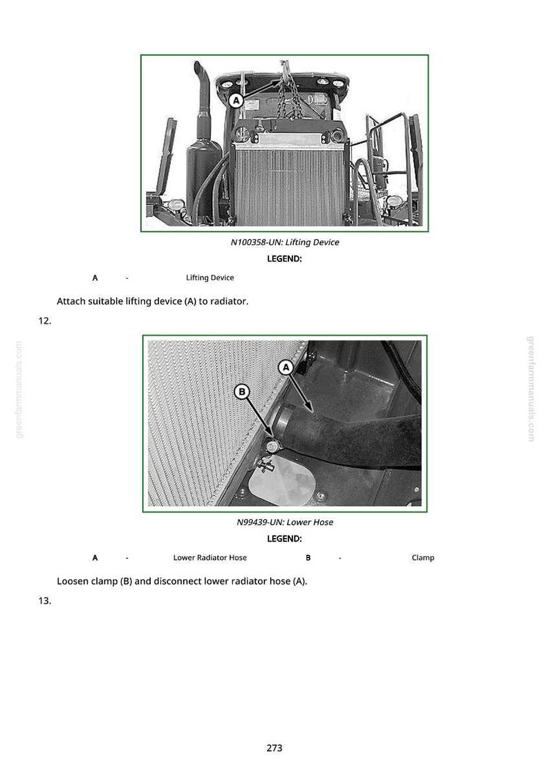May include: Diagram of a radiator and related components, including a lifting device and lower hose. The image includes labels and instructions for maintenance, with text such as "Attach suitable lifting device (A) to radiator."