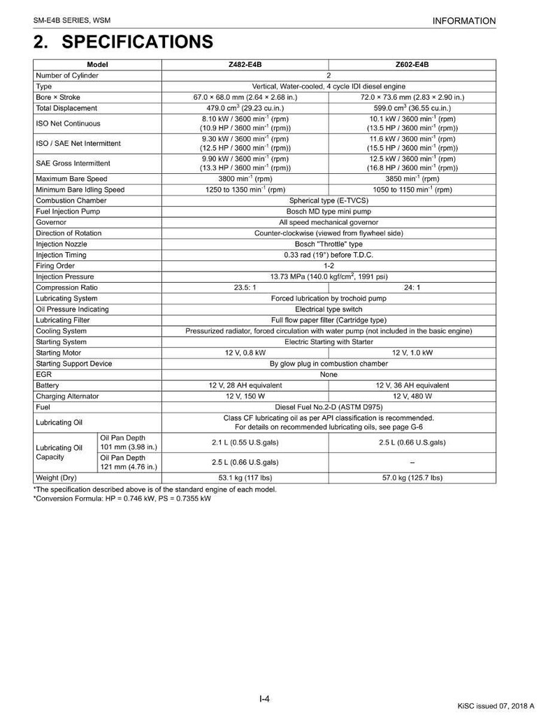 May include: A detailed specifications sheet for Z482-E4B and Z602-E4B engines, including bore and stroke measurements in mm, total displacement in cm&sup3;, and power output in kW. The document also lists fuel, lubricating oil capacity in litres, and engine weight in kg.