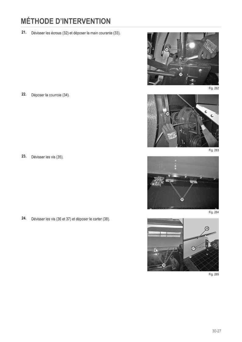 May include: A page from a manual titled "M&Eacute;THODE D'INTERVENTION" with numbered steps and diagrams. The steps include removing nuts, belts, and screws. Figures 282, 283, 284, and 285 illustrate the procedures. The page is from a manual.