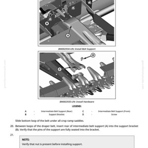 May include: Diagrams illustrating the installation of a belt support system, with labels A, B, C, and D. The image includes text instructions and a legend for the parts. The diagrams are in black and white.