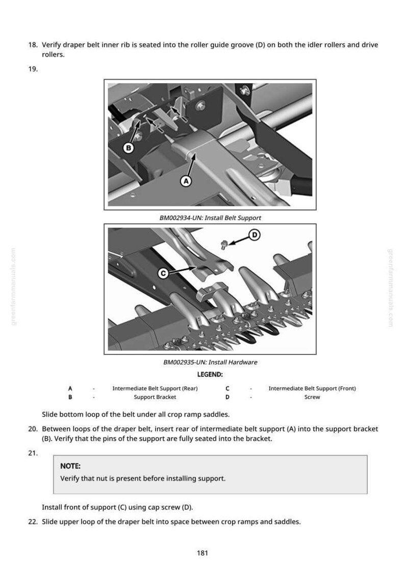 May include: Diagrams illustrating the installation of a belt support system, with labels A, B, C, and D. The image includes text instructions and a legend for the parts. The diagrams are in black and white.