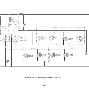 Pu&ograve; includere: Un diagramma schematico in bianco e nero del sistema di illuminazione di lavoro della cabina di un veicolo. Il diagramma include etichette per vari componenti come rel&egrave;, interruttori e lampade, con linee che indicano i collegamenti elettrici. Il testo in basso recita "APY48092-UN: R2 Cab Work Light Schematic SU46007-G".