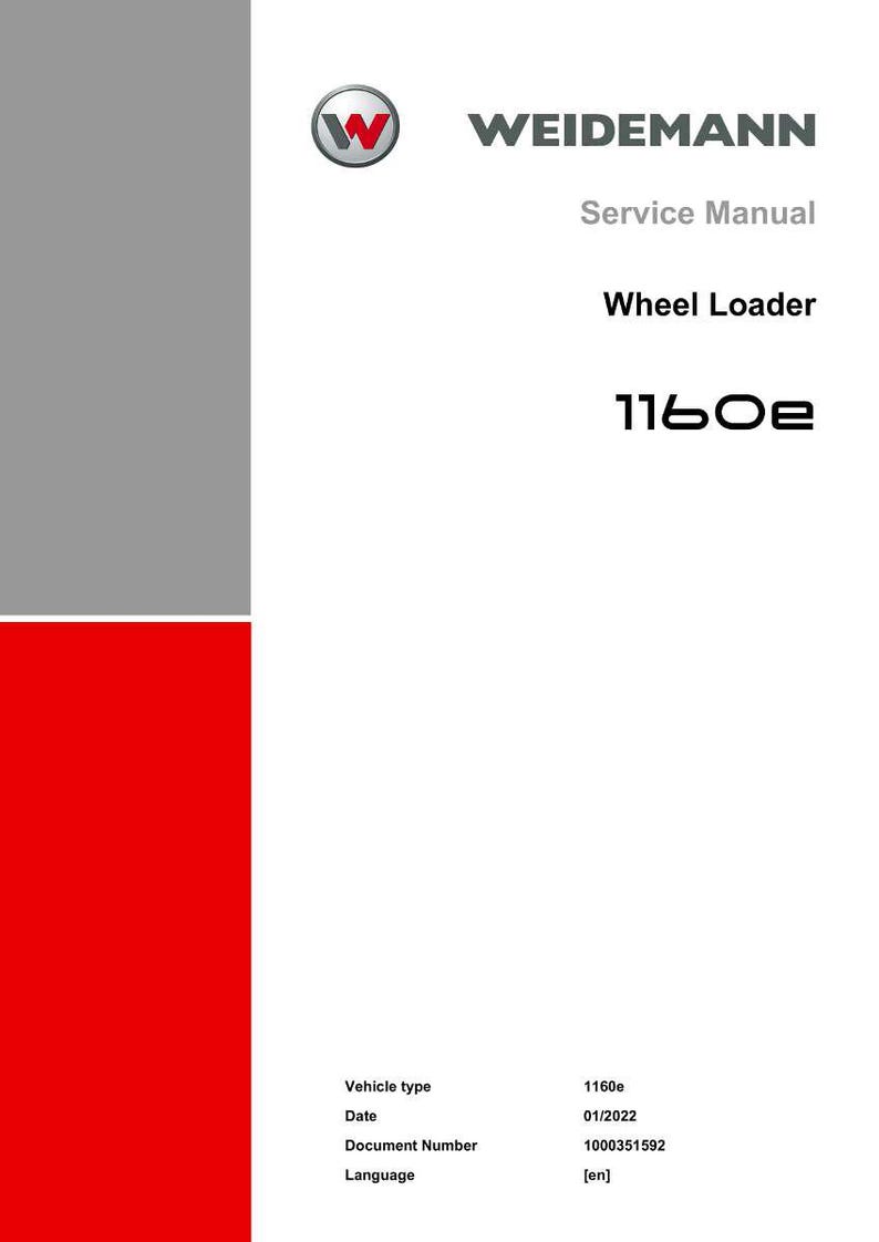 Puede incluir: Documento blanco con el logotipo de Weidemann y el texto "Service Manual Wheel Loader 1160e". El documento tambi&eacute;n incluye el tipo de veh&iacute;culo, la fecha, el n&uacute;mero de documento y el idioma.