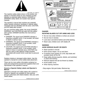 May include: A page from an operator's manual with safety labels and warnings. The labels include danger symbols and instructions to avoid serious injury or death. Text includes "Rotating Blades Cut Off Arms and Legs."