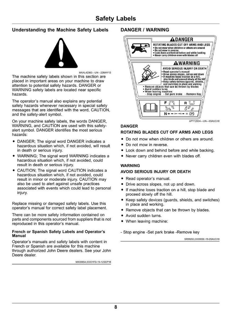 May include: A page from an operator's manual with safety labels and warnings. The labels include danger symbols and instructions to avoid serious injury or death. Text includes "Rotating Blades Cut Off Arms and Legs."