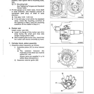 May include: Technical diagram from a manual, featuring detailed illustrations of engine components. Includes diagrams of a cradle, rocker cam, and cylinder block assembly, with labels and measurements. The page is from a komatsumanual.com.