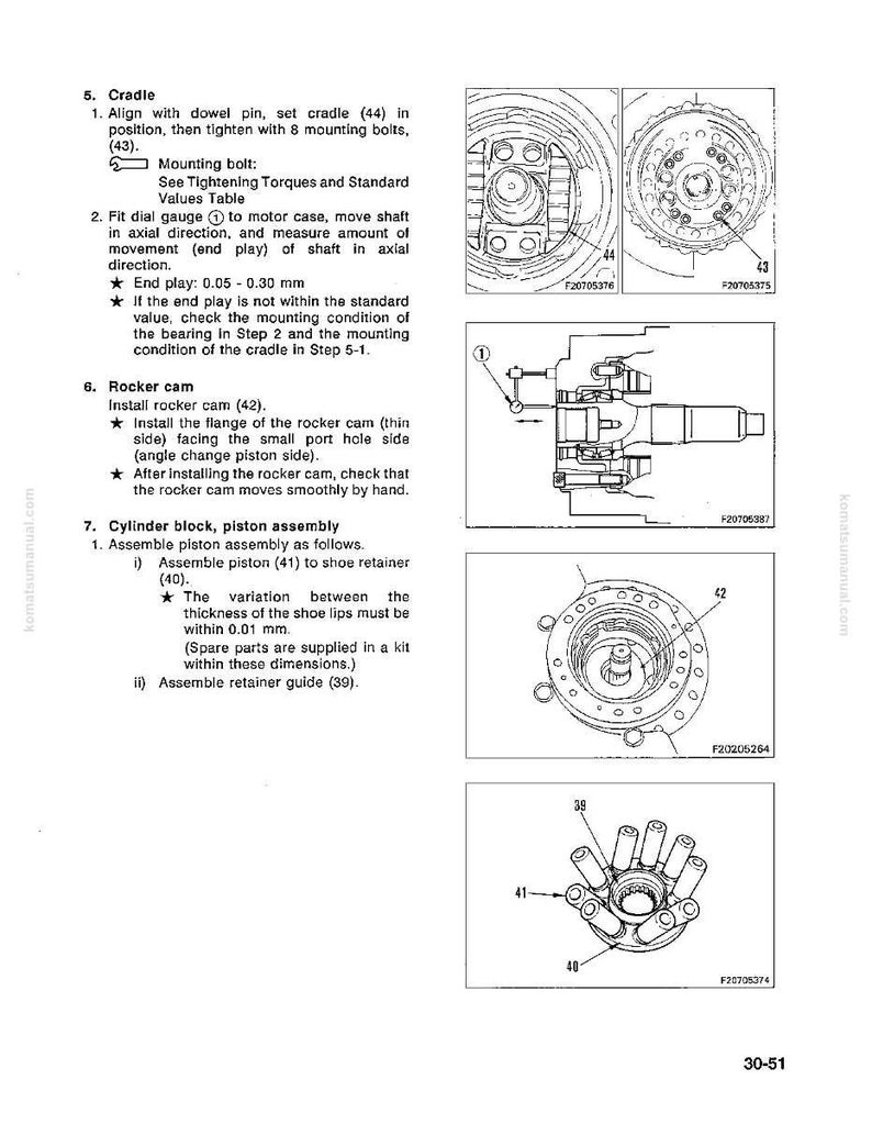May include: Technical diagram from a manual, featuring detailed illustrations of engine components. Includes diagrams of a cradle, rocker cam, and cylinder block assembly, with labels and measurements. The page is from a komatsumanual.com.