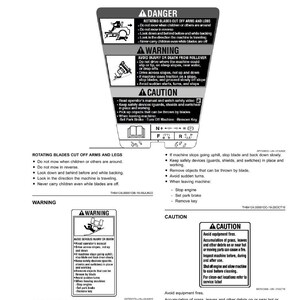 May include: Safety labels with text, including warnings about rotating blades, rollover risks, and fire hazards. The labels provide instructions for safe operation, such as avoiding slopes and removing objects. The image is a close-up of the labels.
