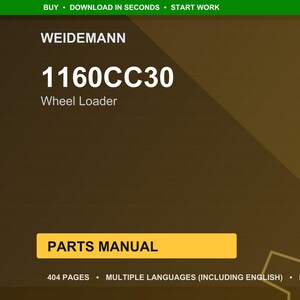 May include: A digital document cover with the Weidemann logo and the text "1160CC30 Wheel Loader." The cover also includes the words "Parts Manual" in a yellow rectangle, and the text "404 pages, multiple languages (including English), PDF."