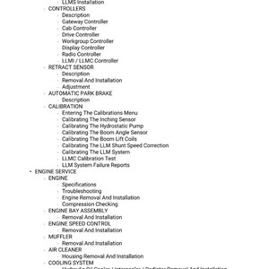 Puede incluir: Una lista detallada de componentes y procedimientos del sistema, incluidos controladores, sensores e instrucciones de servicio del motor. El texto est&aacute; en negro sobre un fondo blanco, con t&iacute;tulos claros.