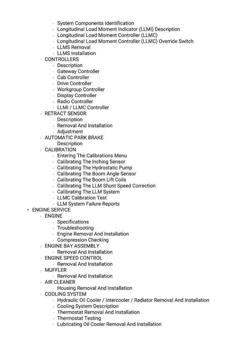 Puede incluir: Una lista detallada de componentes y procedimientos del sistema, incluidos controladores, sensores e instrucciones de servicio del motor. El texto est&aacute; en negro sobre un fondo blanco, con t&iacute;tulos claros.