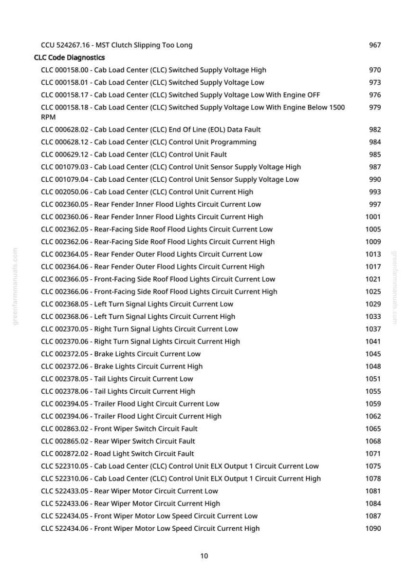 May include: A printed page from a manual with a list of vehicle diagnostic codes. The text includes codes related to the Cab Load Center (CLC), lights, and other electrical components, along with corresponding fault descriptions and page numbers.