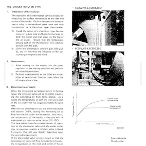 Puede incluir: Una p&aacute;gina de manual titulada "Prueba de la v&aacute;lvula del termostato" con diagramas e instrucciones. Incluye un gr&aacute;fico que muestra la temperatura a lo largo del tiempo e im&aacute;genes de componentes. El texto incluye "Tipo incorporado de enfriador de aceite".