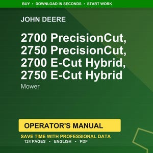 Pu&ograve; includere: Su sfondo verde, il logo John Deere e i nomi dei prodotti: 2700 PrecisionCut, 2750 PrecisionCut, 2700 E-Cut Hybrid e 2750 E-Cut Hybrid Mower. Un banner giallo riporta "OPERATOR'S MANUAL".