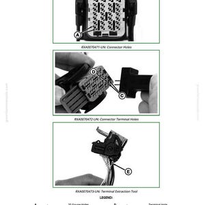 May include: Diagram of electrical connectors and a terminal extraction tool. The image includes close-up views of connector holes, terminal holes, and the tool in use. Text labels identify parts and instructions.