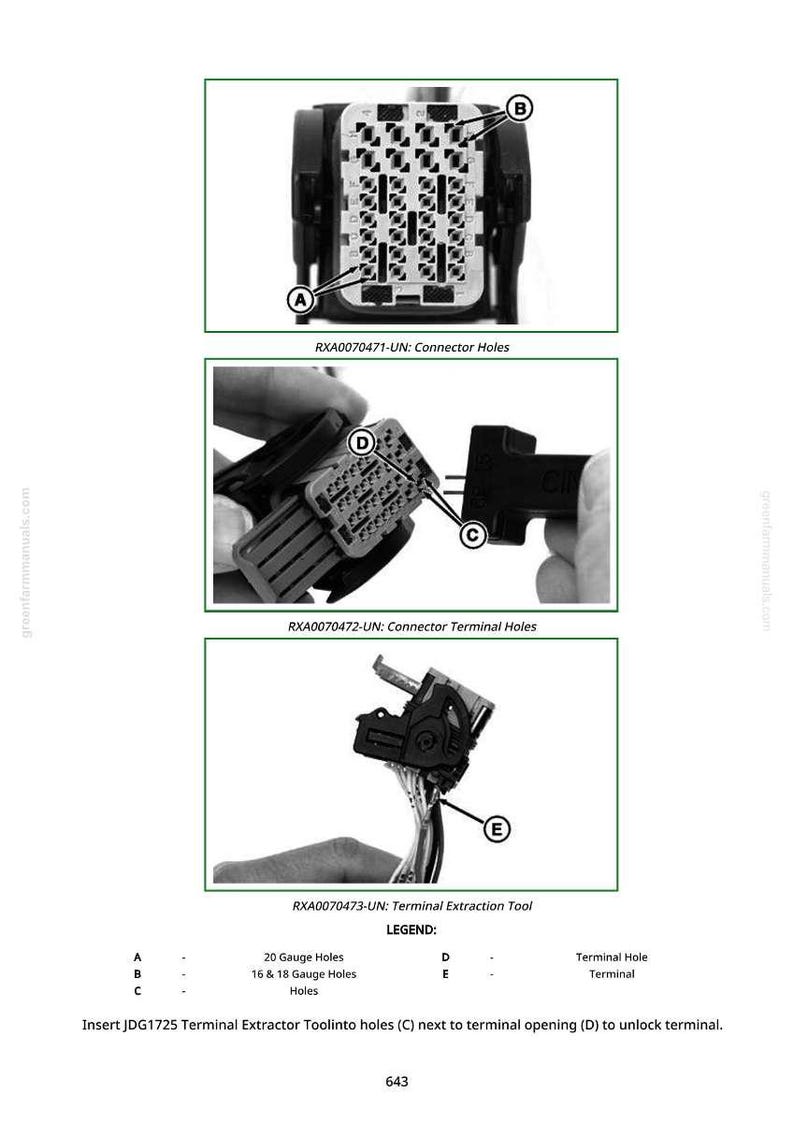 May include: Diagram of electrical connectors and a terminal extraction tool. The image includes close-up views of connector holes, terminal holes, and the tool in use. Text labels identify parts and instructions.
