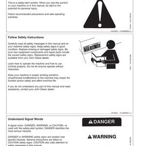 May include: A manual page titled "Safety" with safety instructions and signal words. The page includes a safety-alert symbol, a person reading a manual, and the words "DANGER," "WARNING," and "CAUTION."