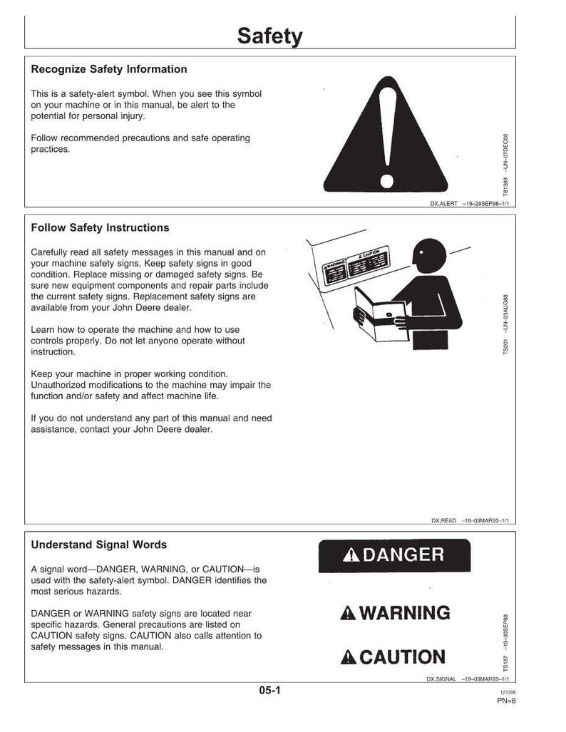 May include: A manual page titled "Safety" with safety instructions and signal words. The page includes a safety-alert symbol, a person reading a manual, and the words "DANGER," "WARNING," and "CAUTION."