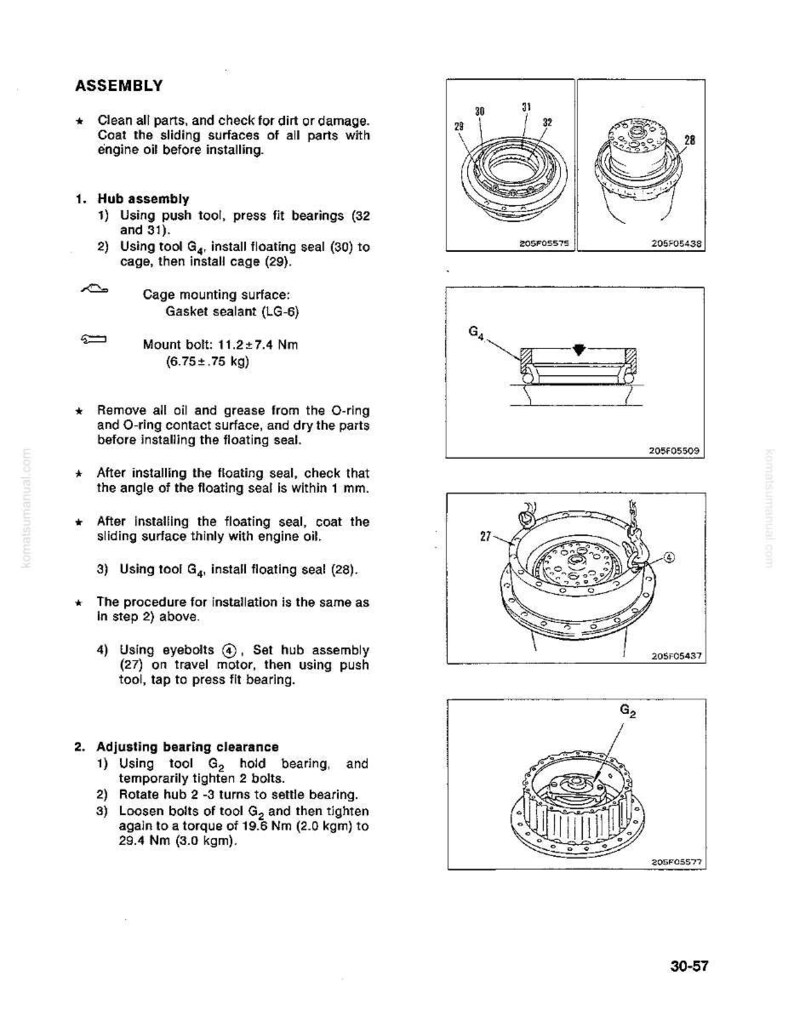May include: Technical diagram with instructions for assembling a hub, including steps for installing bearings, seals, and bolts. The diagram includes illustrations of the parts and specifies torque measurements in Newton-meters and kilograms.