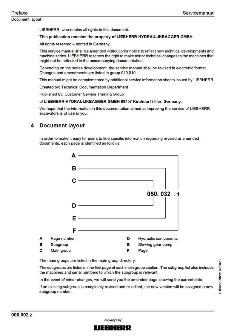 May include: A page from a service manual with the title "Servicemanual" and the company name "LIEBHERR". The document includes a section on document layout, with labeled sections A through F. The document is printed in Germany.