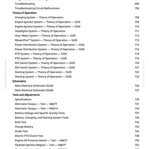 May include: A page from a manual with a table of contents. The text includes sections on troubleshooting, schematics, and tests. Topics include engine ignition, PTO systems, and electrical components. Page number 11 is visible.