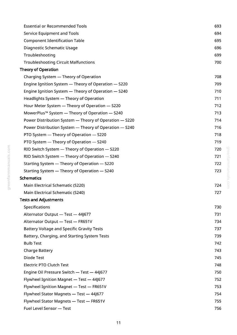 May include: A page from a manual with a table of contents. The text includes sections on troubleshooting, schematics, and tests. Topics include engine ignition, PTO systems, and electrical components. Page number 11 is visible.