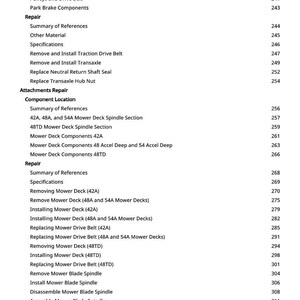 May include: A detailed contents page from a repair manual, listing mower components and repair procedures. The text includes sections on transaxle, mower decks, and blade maintenance, with page numbers.