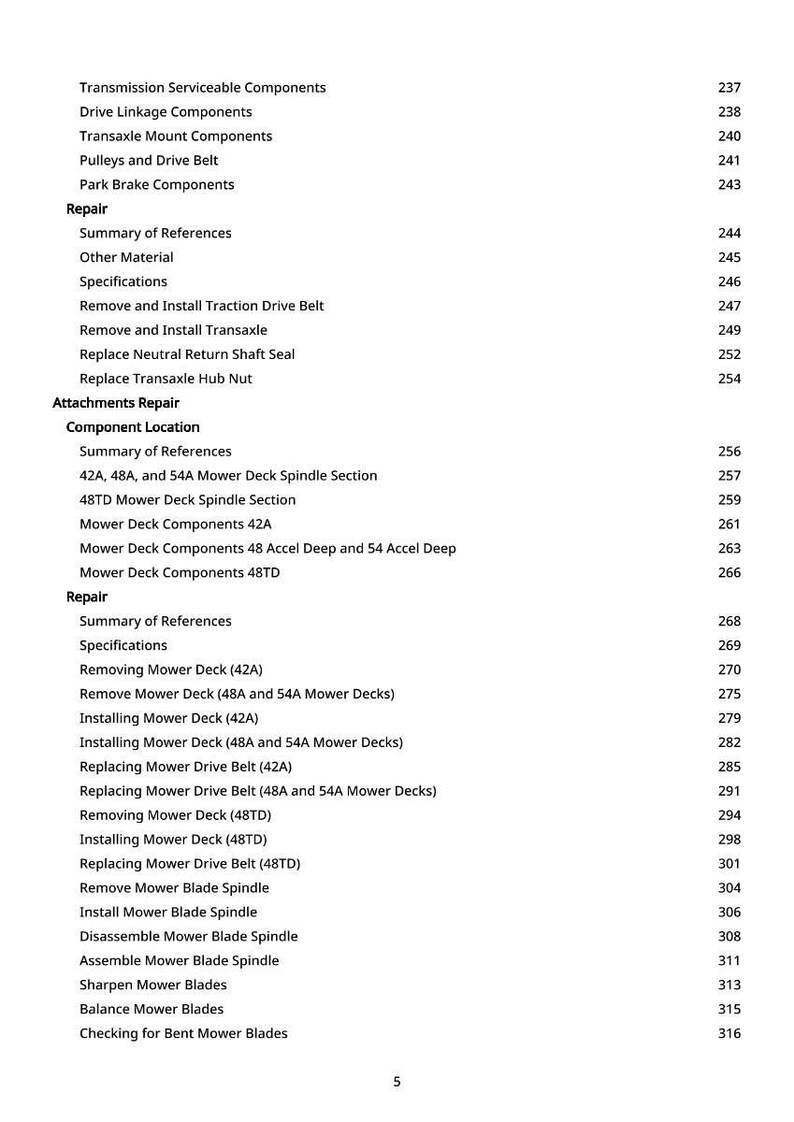 May include: A detailed contents page from a repair manual, listing mower components and repair procedures. The text includes sections on transaxle, mower decks, and blade maintenance, with page numbers.