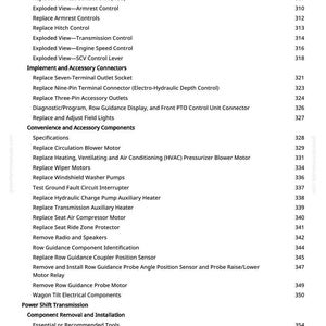 May include: A white page with a detailed table of contents, listing various components and procedures. The text includes terms like "Armrest Control," "Transmission Control," and "Hydraulic Charge Pump Auxiliary Heater."