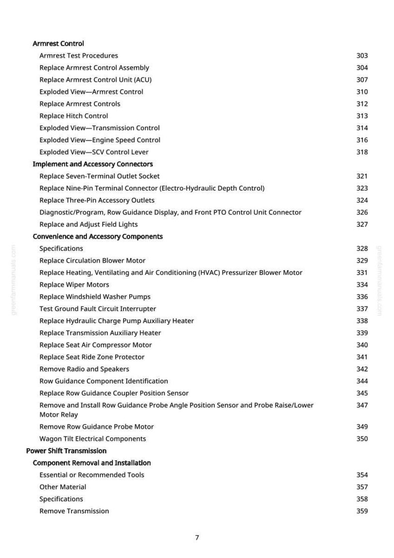 May include: A white page with a detailed table of contents, listing various components and procedures. The text includes terms like "Armrest Control," "Transmission Control," and "Hydraulic Charge Pump Auxiliary Heater."