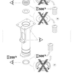 May include: Diagram of Komatsu parts with labels and symbols. The image includes a central cylindrical component with a square top, along with various circular and cylindrical parts. Text includes "250 h" and "500 h".