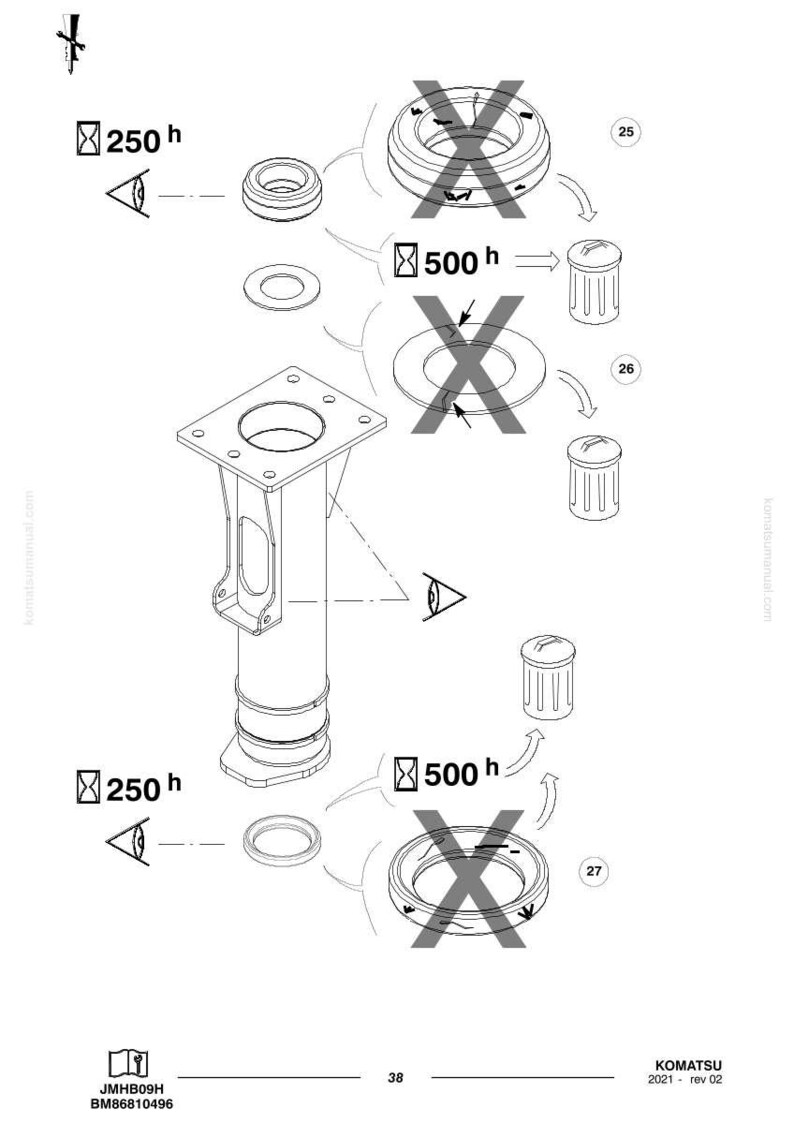 May include: Diagram of Komatsu parts with labels and symbols. The image includes a central cylindrical component with a square top, along with various circular and cylindrical parts. Text includes "250 h" and "500 h".