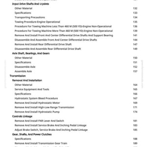May include: A manual page with a detailed table of contents. The text includes sections on differentials, drive shafts, transmissions, and hydraulic systems. Page numbers are listed on the right.