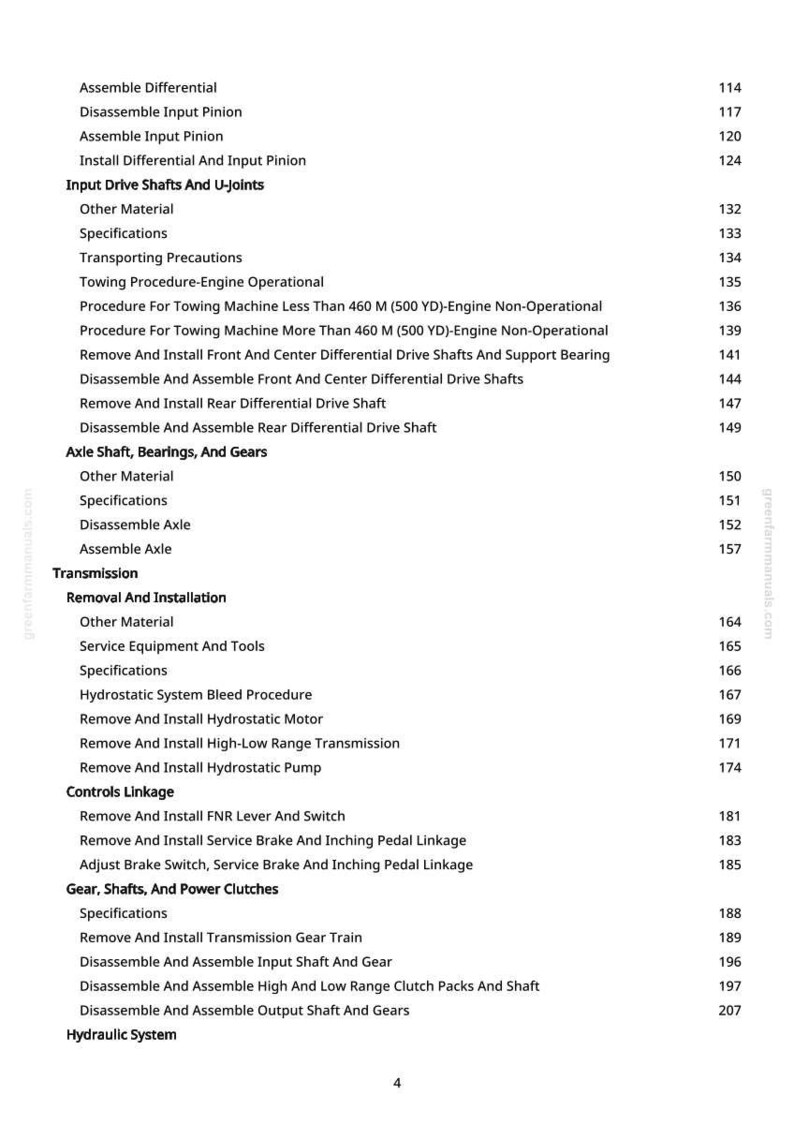 May include: A manual page with a detailed table of contents. The text includes sections on differentials, drive shafts, transmissions, and hydraulic systems. Page numbers are listed on the right.
