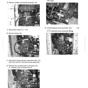 K&ouml;nnte beinhalten: Diagramm zur Demontage und Montage einer Hydraulikpumpe. Bilder zeigen das Entfernen von Teilen wie der Schalld&auml;mpfer-Ablaufleitung, der Halterungsbaugruppe, Schl&auml;uchen, Klemmen und Kabelbaumsteckern. Der Text gibt das Gewicht der Hydraulikpumpenbaugruppe mit 85 kg an.