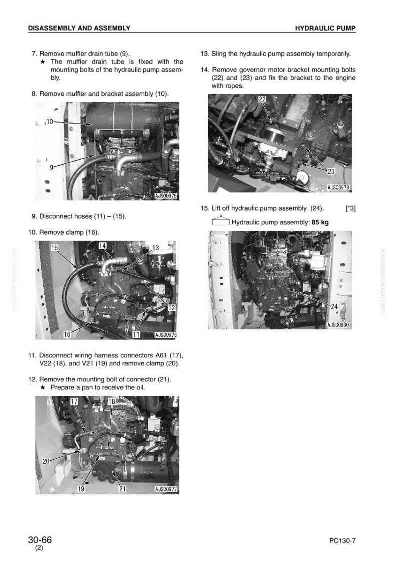 K&ouml;nnte beinhalten: Diagramm zur Demontage und Montage einer Hydraulikpumpe. Bilder zeigen das Entfernen von Teilen wie der Schalld&auml;mpfer-Ablaufleitung, der Halterungsbaugruppe, Schl&auml;uchen, Klemmen und Kabelbaumsteckern. Der Text gibt das Gewicht der Hydraulikpumpenbaugruppe mit 85 kg an.