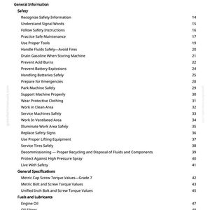 K&ouml;nnte beinhalten: Eine gedruckte Seite mit dem Titel "Inhaltsverzeichnis" aus einem Handbuch. Die Tabelle listet Sicherheitsthemen, allgemeine Informationen und Spezifikationen auf. Themen sind Sicherheitsanweisungen und Motor&ouml;l.