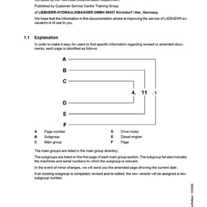 May include: A service manual page with the title "Introduction" and "Service Manual". The page includes text, diagrams, and a copyright notice. The manual is published by LIEBHERR-HYDRAULIKBAGGER GMBH.