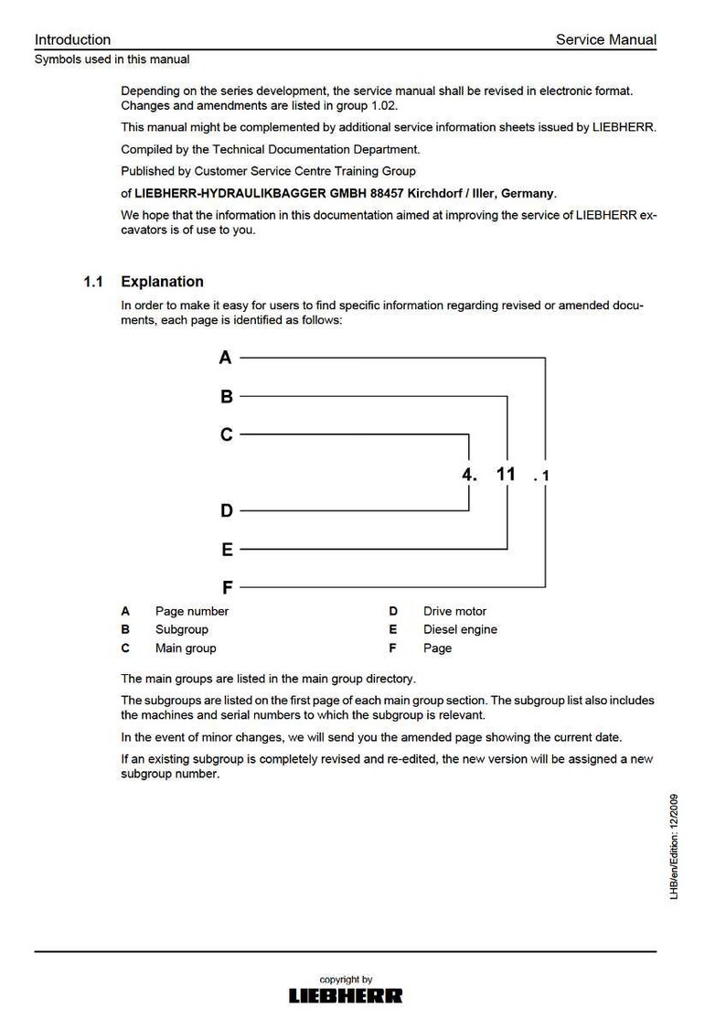 May include: A service manual page with the title "Introduction" and "Service Manual". The page includes text, diagrams, and a copyright notice. The manual is published by LIEBHERR-HYDRAULIKBAGGER GMBH.