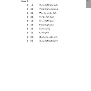 May include: A white page with the title "Knotting mechanism, needles and related parts." The image displays a list of parts and procedures, including "Removal of knotter shaft" and "Needles and needle carrier."