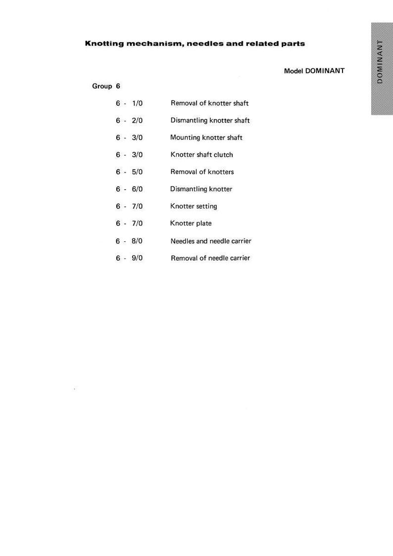 May include: A white page with the title "Knotting mechanism, needles and related parts." The image displays a list of parts and procedures, including "Removal of knotter shaft" and "Needles and needle carrier."