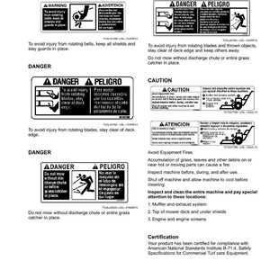 May include: A page of safety labels with warnings and instructions for a lawn mower. The labels include text in English and Spanish, with diagrams illustrating potential hazards and safety precautions. The page also includes a certification statement.