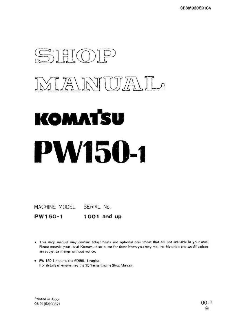 May include: A white shop manual with the text "SHOP MANUAL" at the top, followed by "KOMATSU PW150-1". The machine model is PW150-1, and the serial number is 1001 and up. The manual includes technical details.