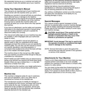 K&ouml;nnte beinhalten: Eine Seite aus einem John Deere Produkthandbuch mit dem Abschnitt "Einf&uuml;hrung". Der Text behandelt Maschinenbedienung, Sicherheit und Zubeh&ouml;r. Das Handbuch enth&auml;lt Sicherheitshinweise und wichtige Anmerkungen f&uuml;r den Benutzer.
